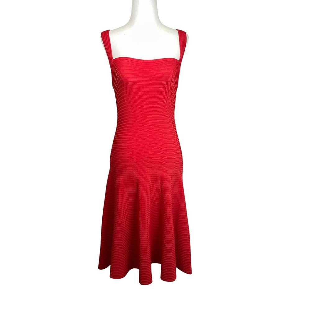 Alexander Wang Red Ribbed Knit HoCo Midi Dress XS Twisted Cross Back Fit Flare